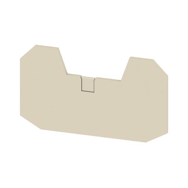 Beige Kartoneinlage oder Verpackungsteiler mit einer kleinen mittigen Kerbe, gezeigt auf einfachem weißem Hintergrund.