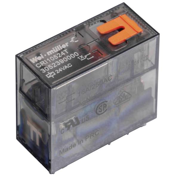 Transparent Weidmuller electrical relay with orange top latch and printed model and voltage markings.