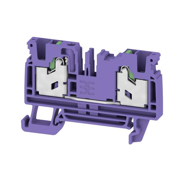 Violettes Elektroklemmenblock mit zwei Metallfedern-Klemmklemmen, in Schnittansicht auf weißem Hintergrund dargestellt.
