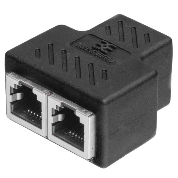 Black Ethernet splitter adapter with two RJ45 ports, shown on a white background.