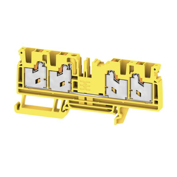 Gelber Elektroanschlussblock-Stecker mit vier Metall-Federklemm-Kontakten auf weißem Hintergrund.