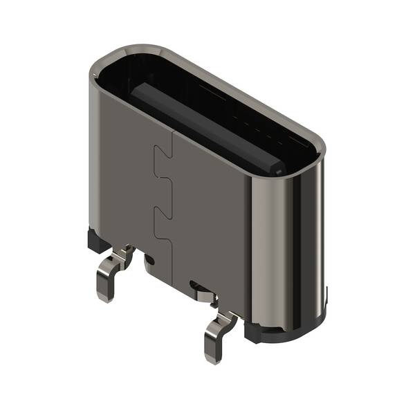 3D rendering of a small rectangular electronic connector socket with three metal pins, shown isolated on a white background.