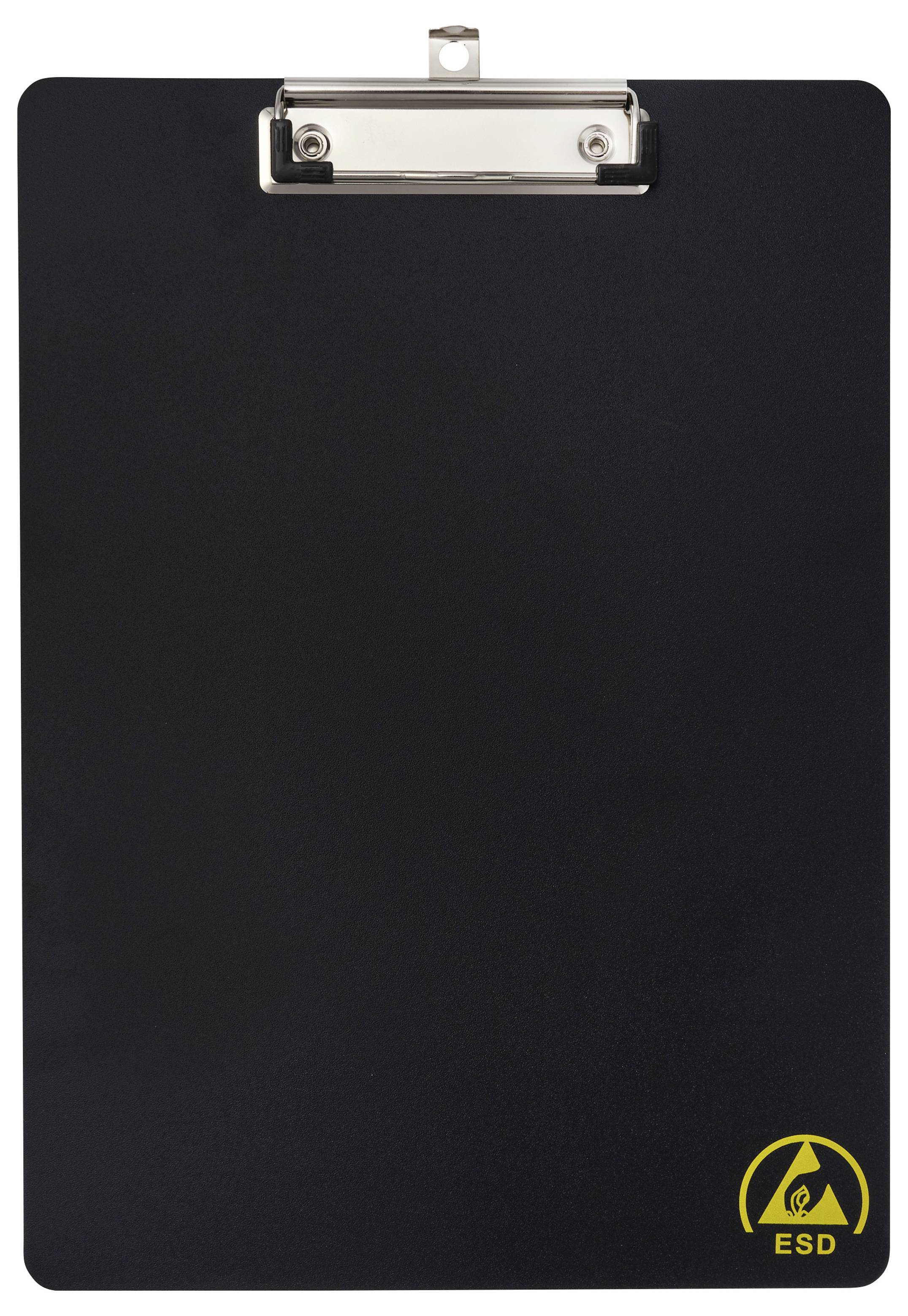 Schwarzes Klemmbrett mit einem Metallclip oben und einem gelben ESD-Warnsymbol in der unteren rechten Ecke.