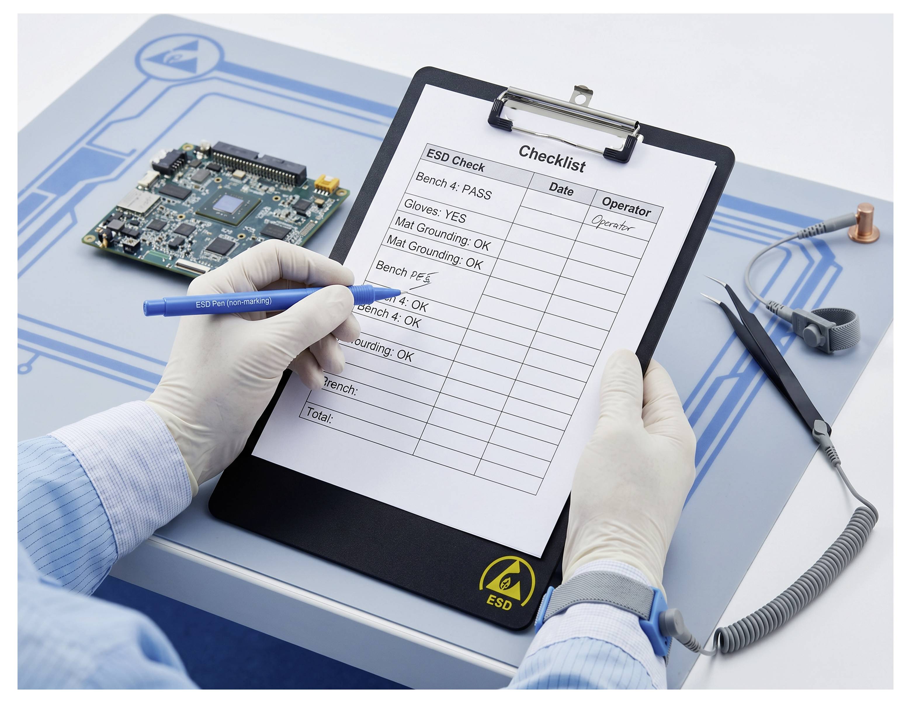 Handschuhgetragener Techniker füllt eine ESD-Checkliste aus, während er eine Leiterplatte auf einer geerdeten Arbeitsmatte an einem Elektronik-Arbeitsplatz inspiziert.