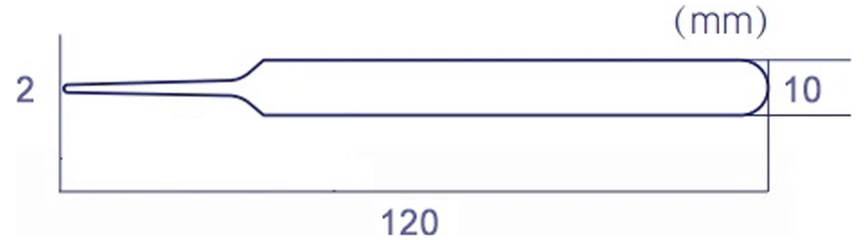 Diagramm einer Schieblehren-Art Messschieber: Ein schlankes Messwerkzeug mit einer Spannweite von 120 mm, mit einem linken Ende gekennzeichnet mit 2 und einem rechten Ende gekennzeichnet mit 10 mm.