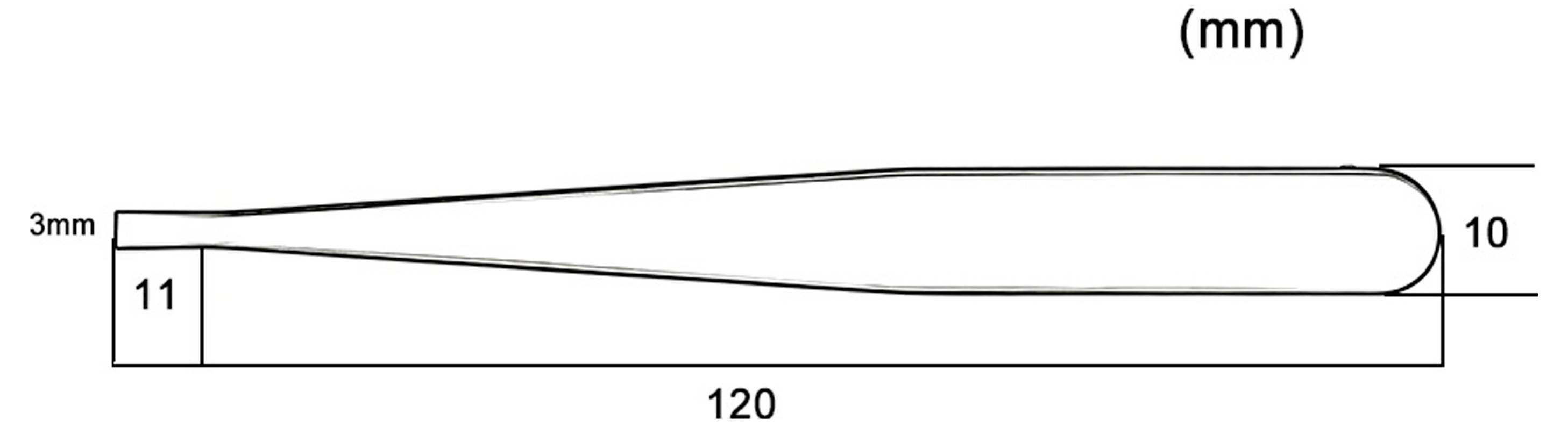 Seitenansicht-Diagramm eines verjüngten Werkzeugs oder einer Klinge mit einer Länge von 120 mm, einer Breite von 11 mm am linken Ende, 10 mm am rechten Ende und einer maximalen Dicke von 3 mm.