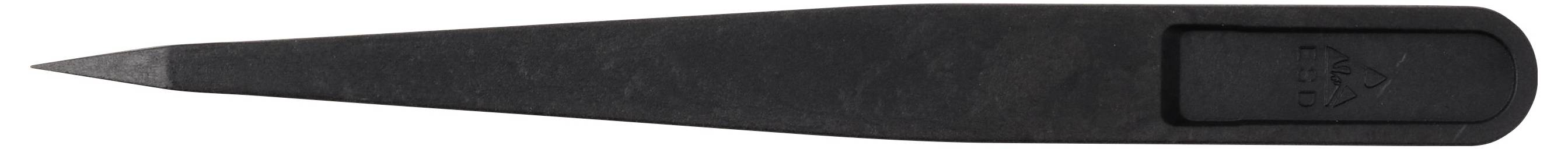 Eine lange, schmale schwarze Spitzfeile oder Nagelfeile mit abgerundetem Griff und spitzem Schleifende, auf weißem Hintergrund dargestellt.