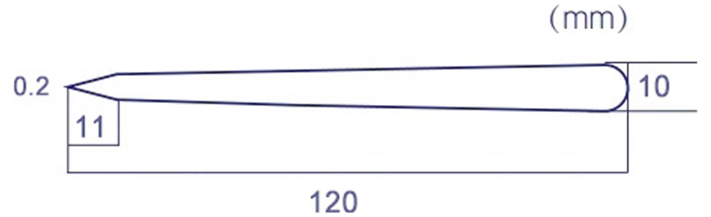 Technische Zeichnung eines konischen Teils: 120 mm lang, 10 mm breit an einem Ende, 11 mm am anderen Ende, mit einer 0,2-mm-Bemaßung oben markiert.