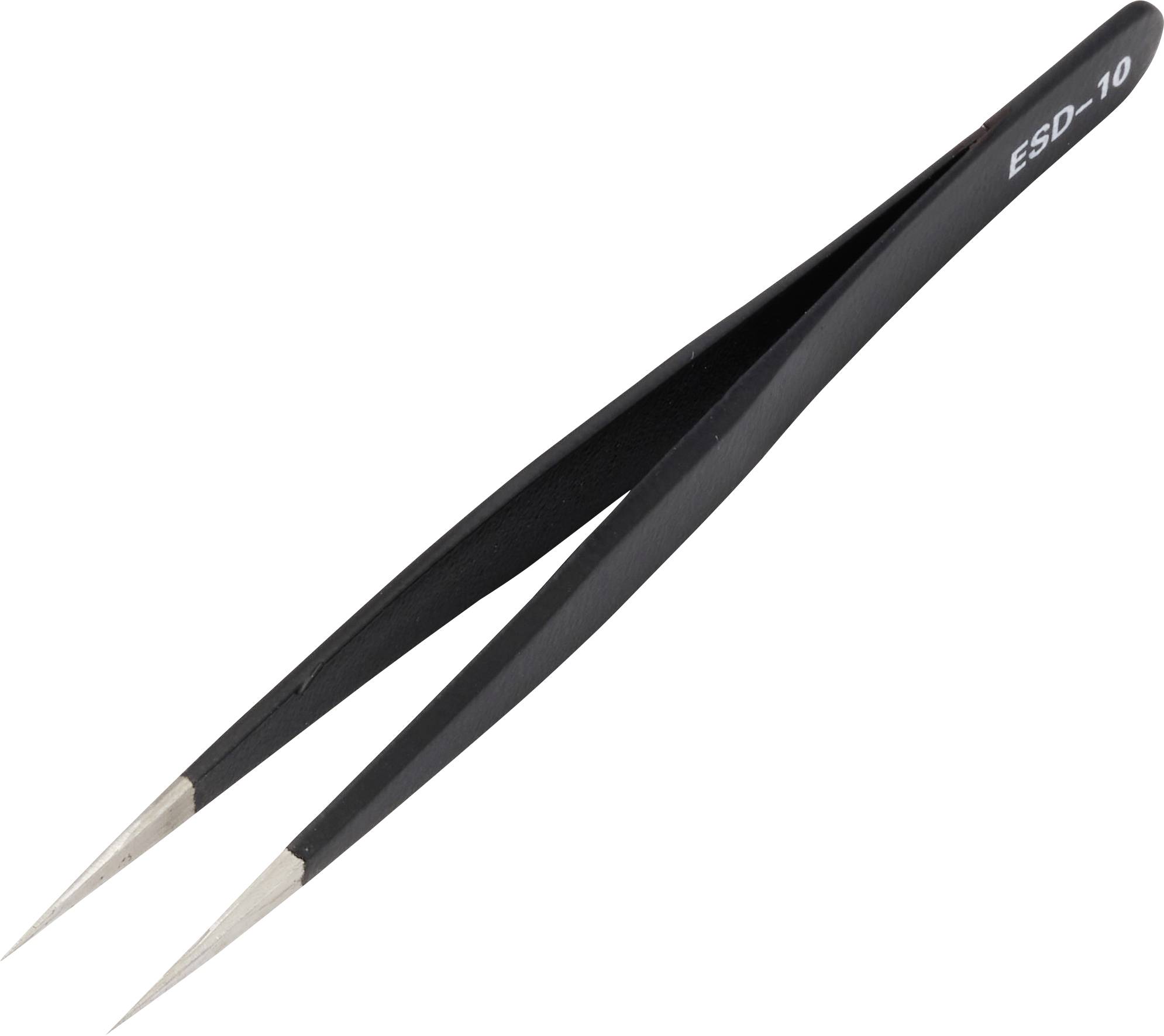 Schwarze Präzisionspinzette mit spitzen Metallspitzen, mit der Bezeichnung „ESD-10