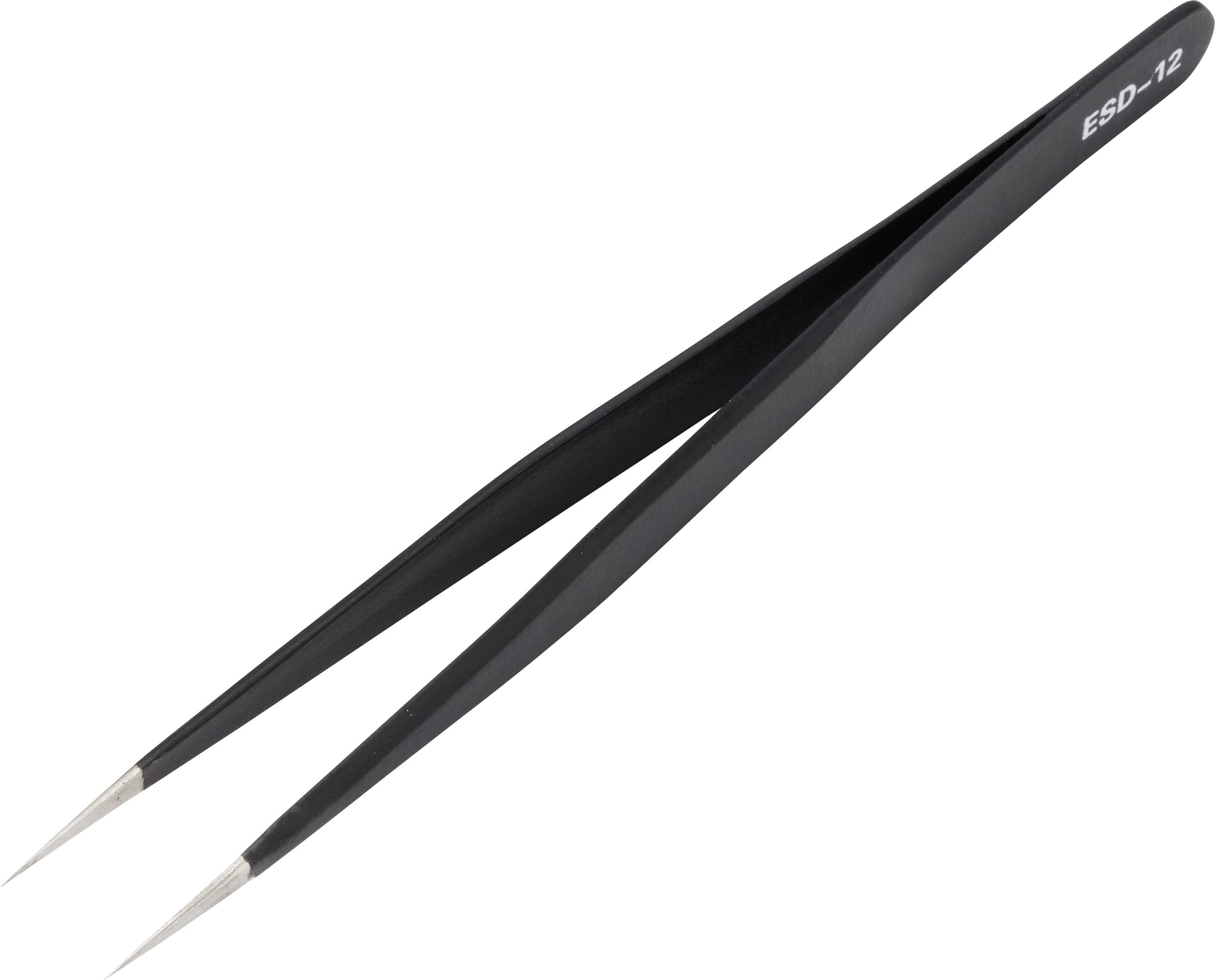 Schwarze ESD-12 Präzisionspinzetten mit feinen spitzen Spitzen auf weißem Hintergrund.
