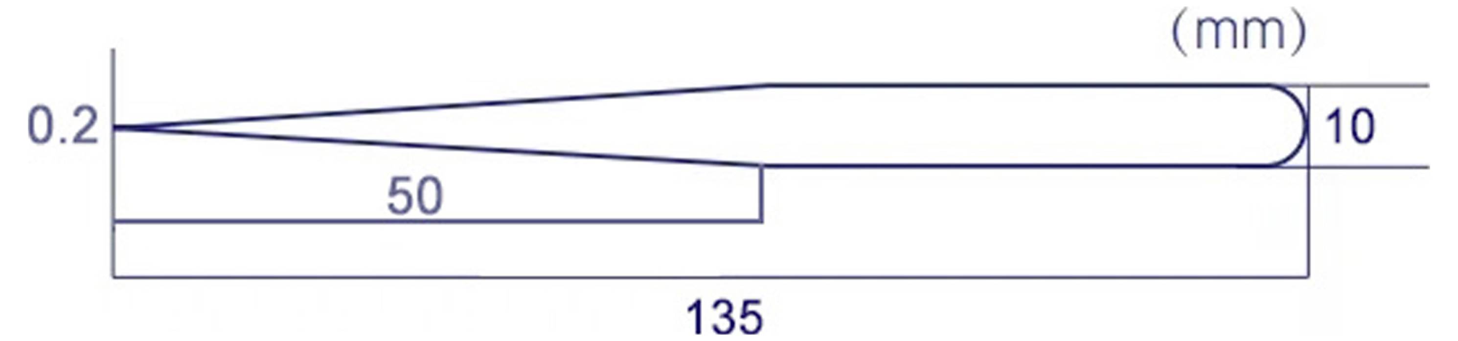 Liniendiagramm mit einer Verjüngung von 0,2 mm auf 10 mm über 135 mm, mit einem 50 mm Segment, das entlang der unteren Kante gekennzeichnet ist.