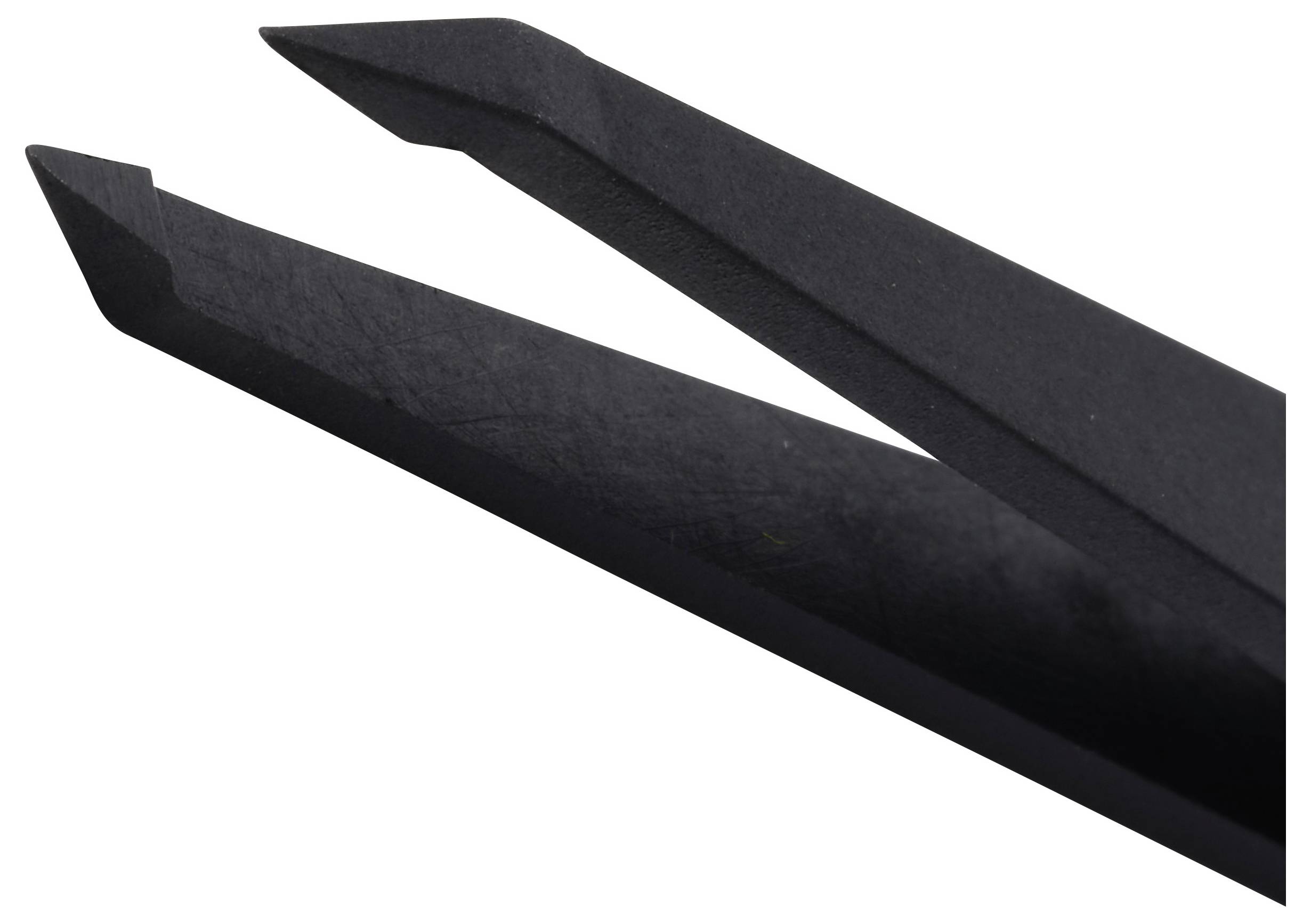 Zwei schwarze papierähnliche Streifen oder gefaltete Klingen auf weißem Hintergrund, diagonal angewinkelt und überlappend.