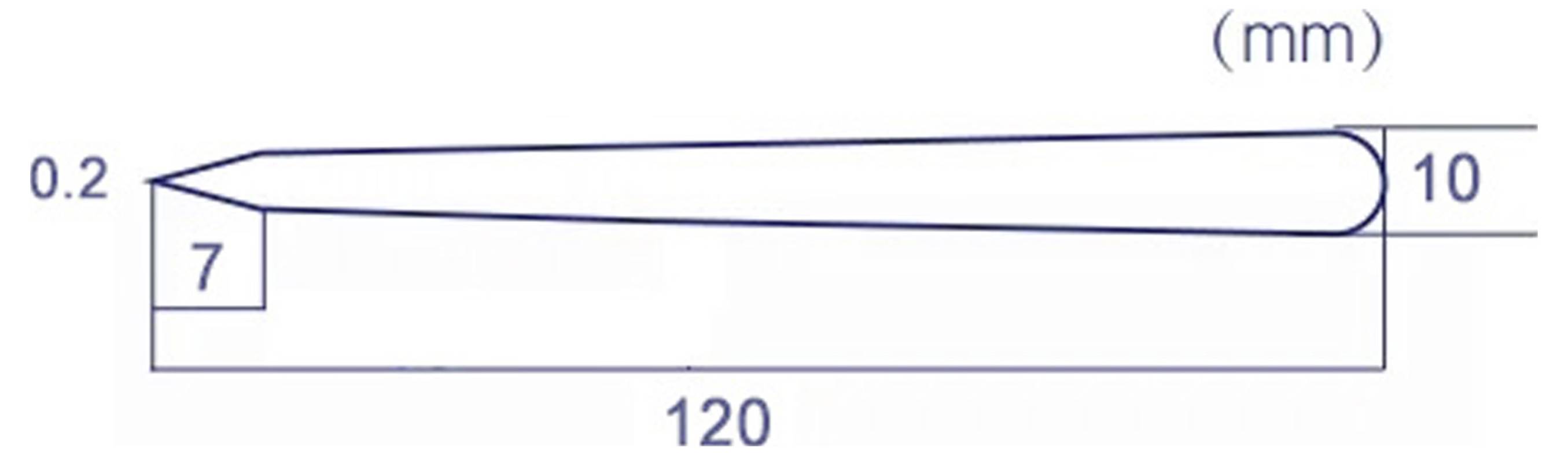Technische Zeichnung eines konischen Stabes oder Werkzeugs, 120 mm lang, 10 mm breit an einem Ende und 7 mm am anderen Ende, mit Bezeichnungen von 0,2 und mm.