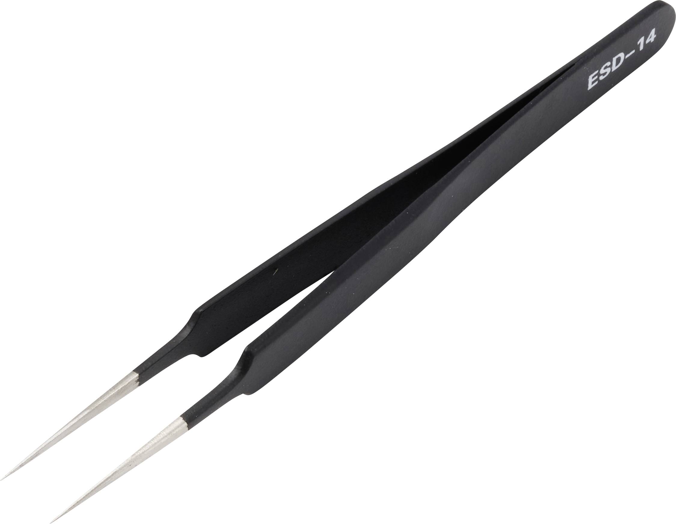 Schwarze Präzisionspinzetten mit spitzen Metallspitzen, beschriftet mit „ESD-14