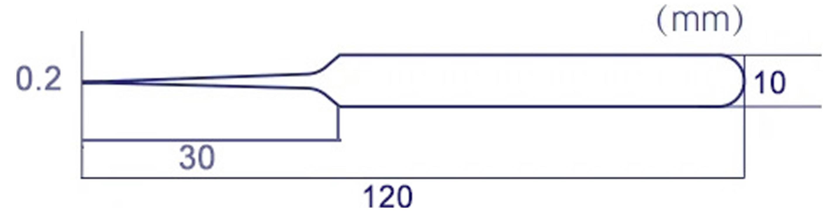 Technisches Diagramm eines konischen Stabes mit Abmessungen von 30 mm auf der linken Seite, 120 mm Gesamtlänge, 0,2 mm Dicke und 10 mm Breite am rechten Ende.