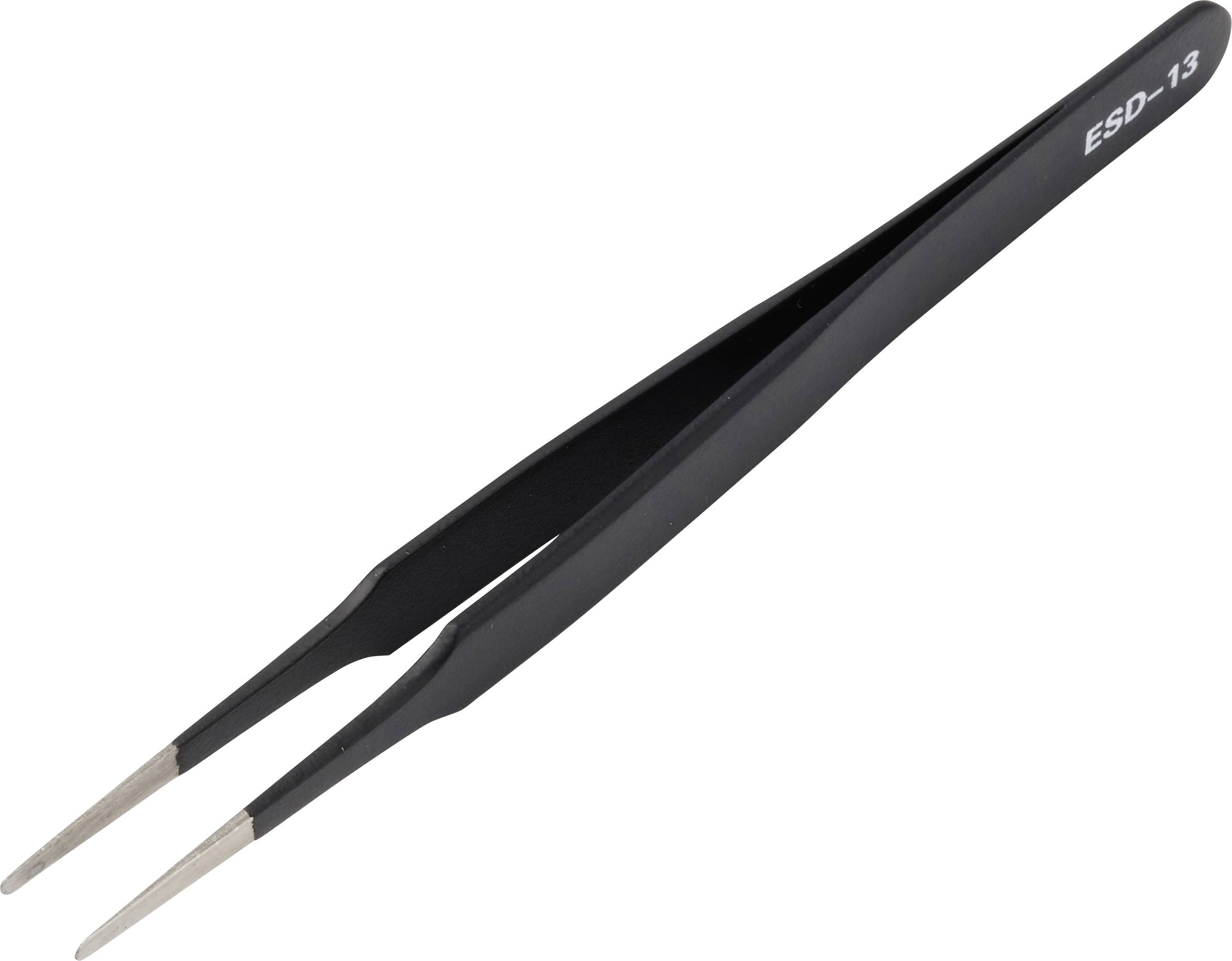 Schwarze ESD-13 Präzisionspinzetten mit feinen spitzen Spitzen, gezeigt auf weißem Hintergrund.