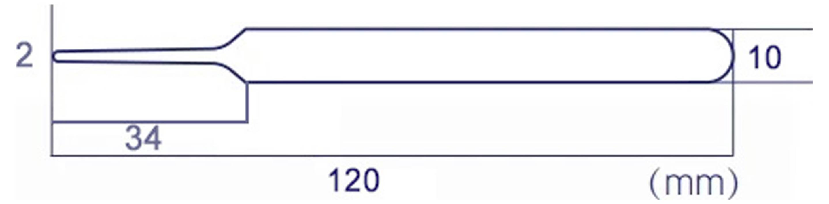 Maßstabgerechte Umrisszeichnung eines schraubenschlüsselartigen Werkzeugs mit einer Gesamtlänge von 120 mm, einer Griffbreite von 34 mm, einer Endbreite von 10 mm und einer Dicke von 2 mm.