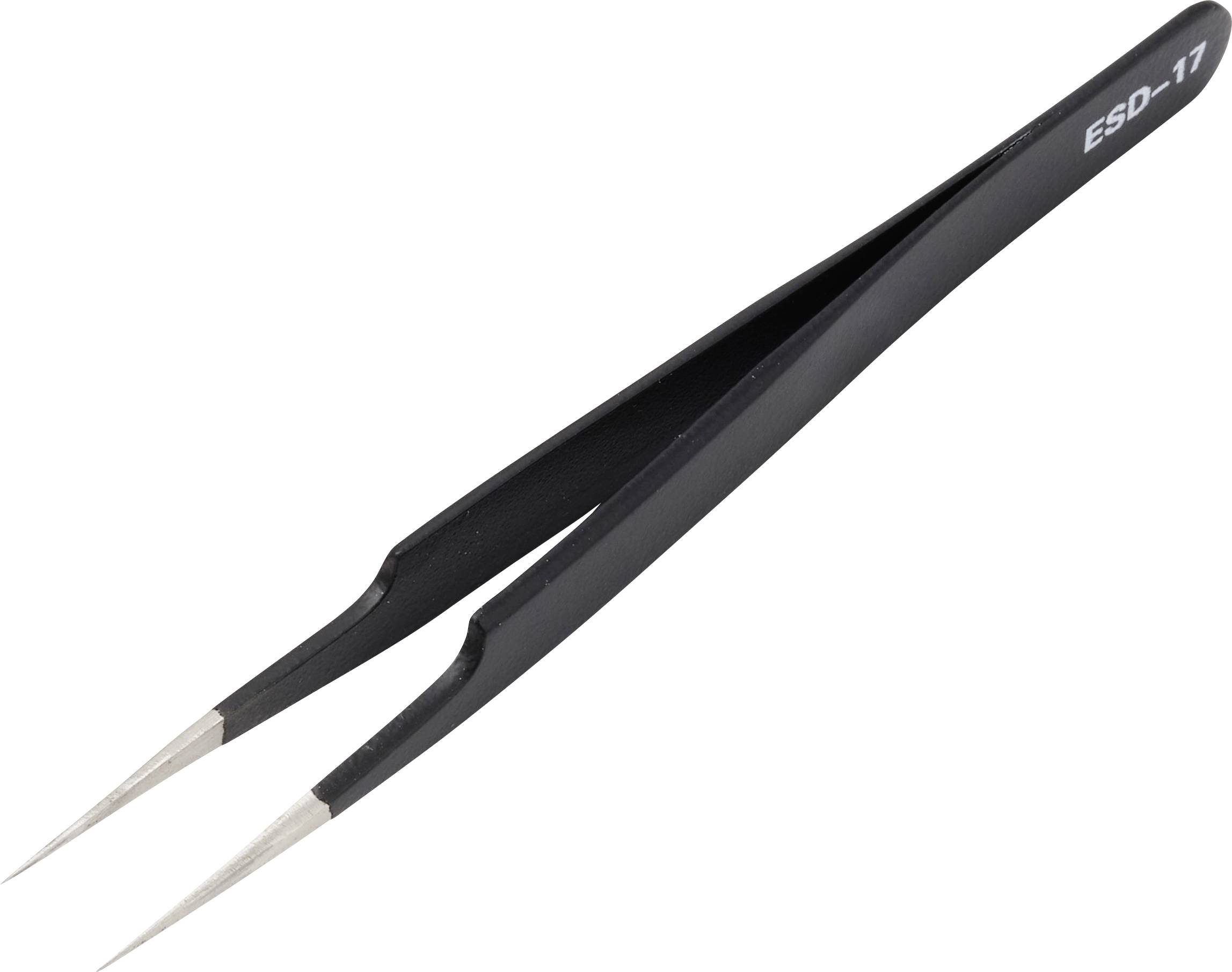 Schwarze ESD-17 Präzisionspinzetten mit feinen spitzen Spitzen, gezeigt auf weißem Hintergrund.