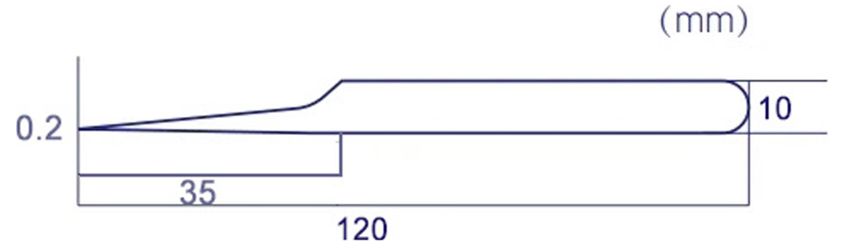 Seitenansicht-Maßstabdiagramm eines konischen Teils: Gesamtlänge 120 mm, Basislänge 35 mm, Höhe links 0,2 mm und Höhe rechts 10 mm.
