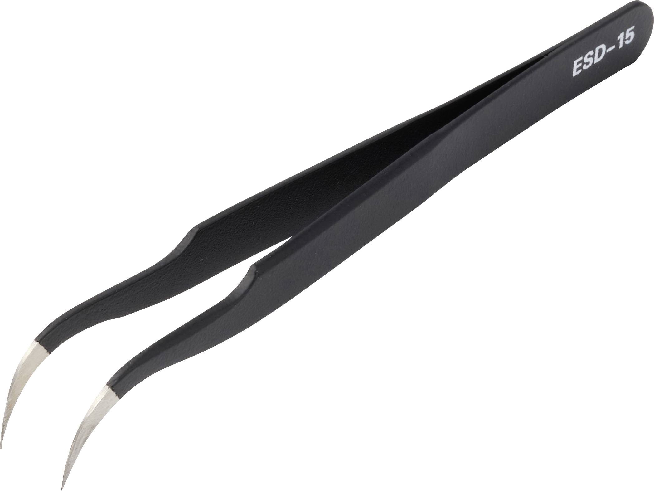 Schwarze ESD-15 Präzisionspinzette mit gebogenen spitzen Spitzen auf weißem Hintergrund.
