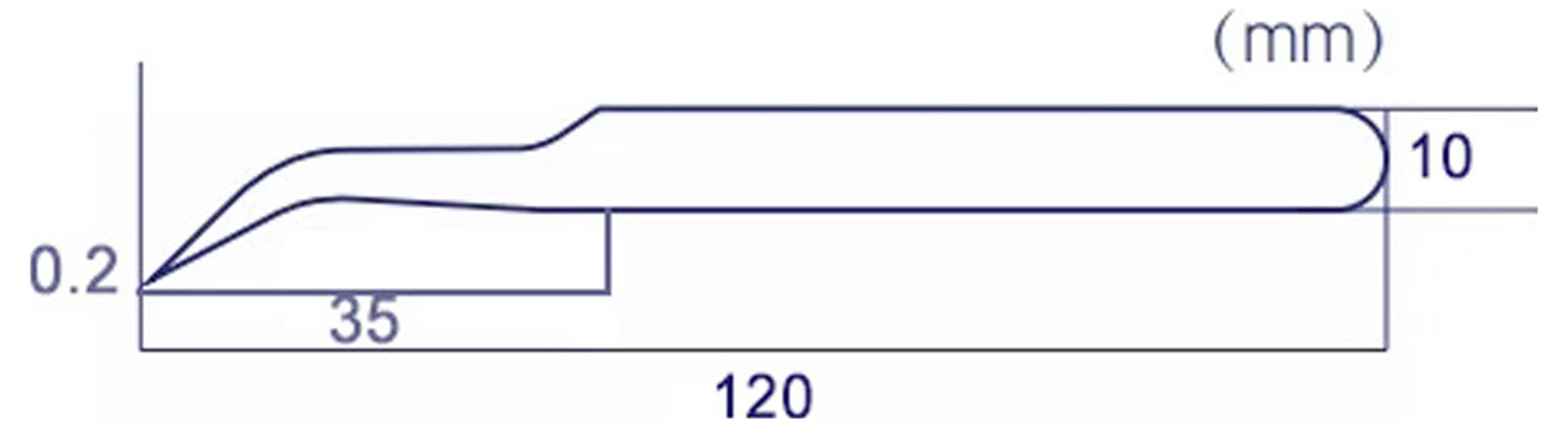 Technische Zeichnung einer klingenähnlichen Form mit folgenden Abmessungen: 120 mm Gesamtlänge, 35 mm Schnittlänge, 0,2 mm Dicke und 10 mm Endbreite.