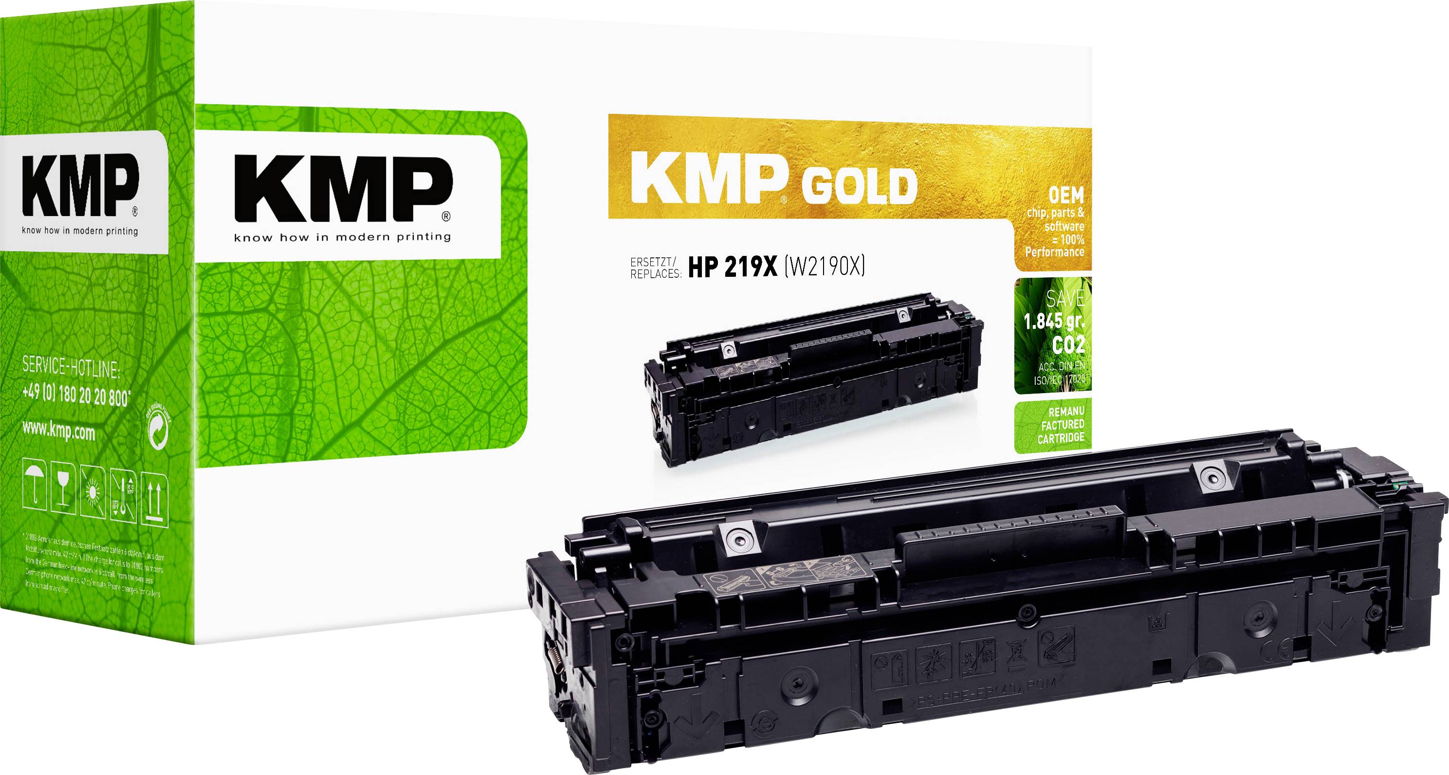 KMP Gold Tonerkassette Verpackung und schwarze Druckertönerkassette, auf weißem Hintergrund abgebildet.