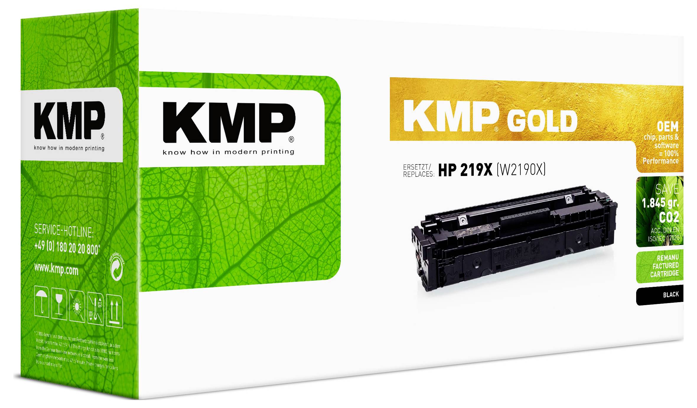 KMP Gold Druckerpatroneverpackung, gezeigt als Einzelhandelsbox für HP 219X (W2190X) schwarzer Toner, mit grünem KMP-Branding.