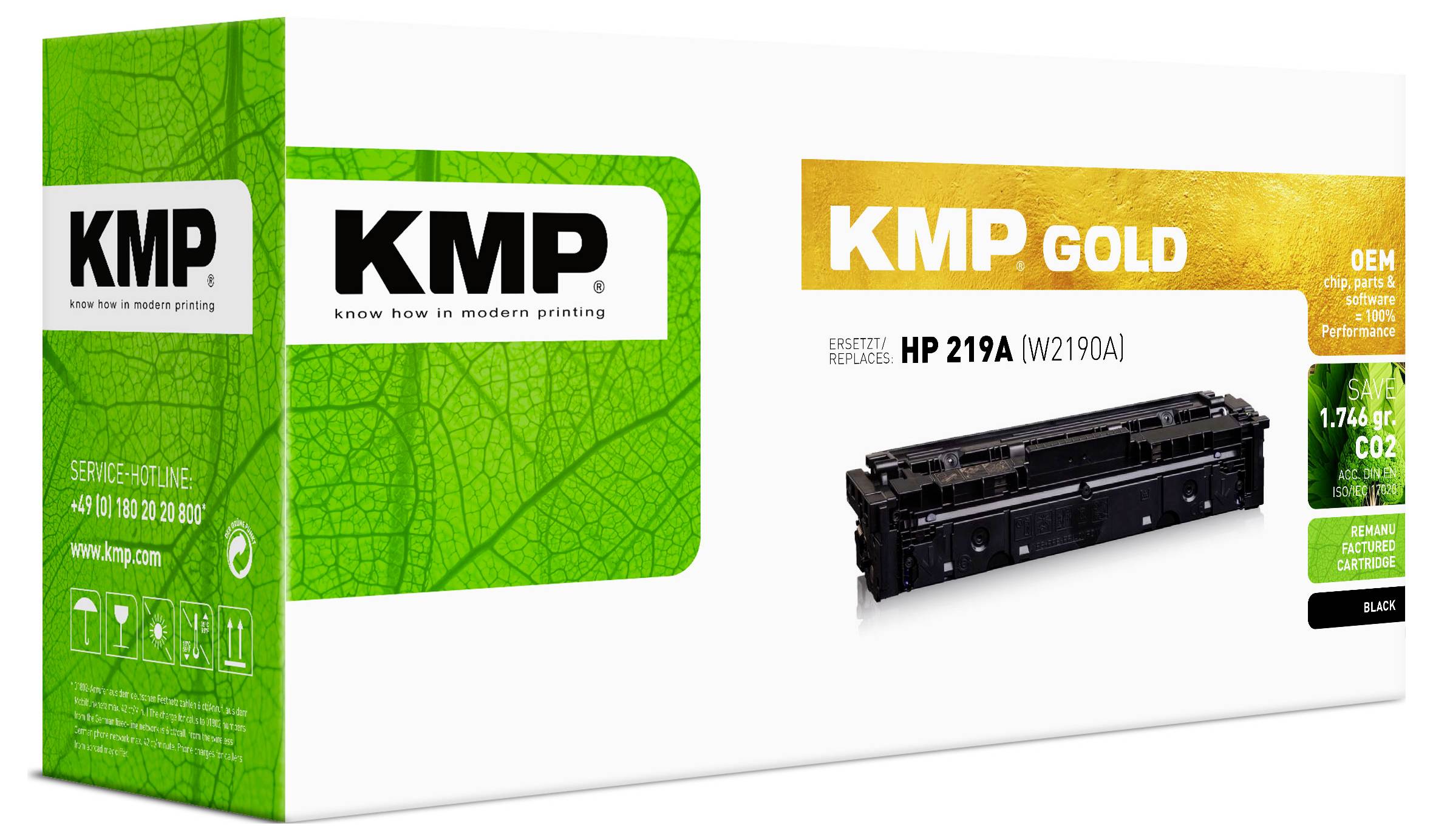 KMP-Druckertonerkassette-Verpackung, die einen schwarzen HP 219A (W2190A)-Ersatztoner in KMP Gold-Branding zeigt.