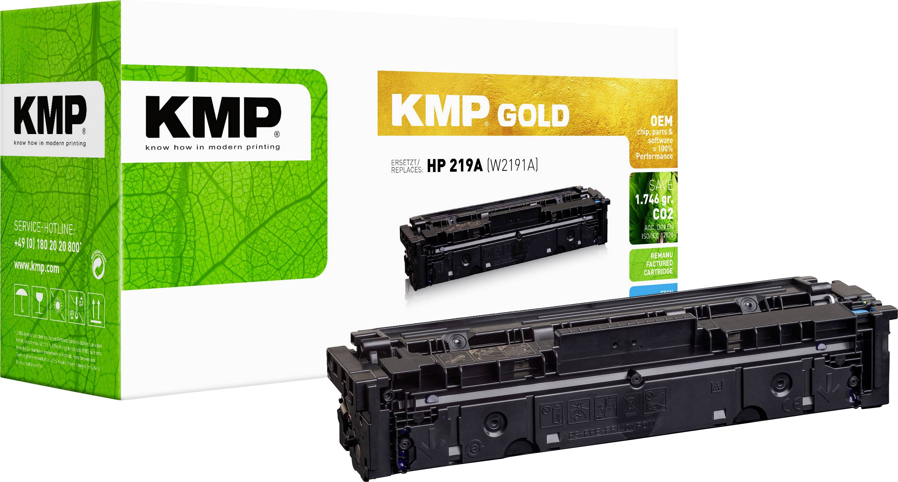 KMP-Druckertoner-Kartuschen-Verpackung und die schwarze Kartuschezeigt vorne, mit dem Etikett KMP Gold HP 219A/W2191A, auf weißem Hintergrund.