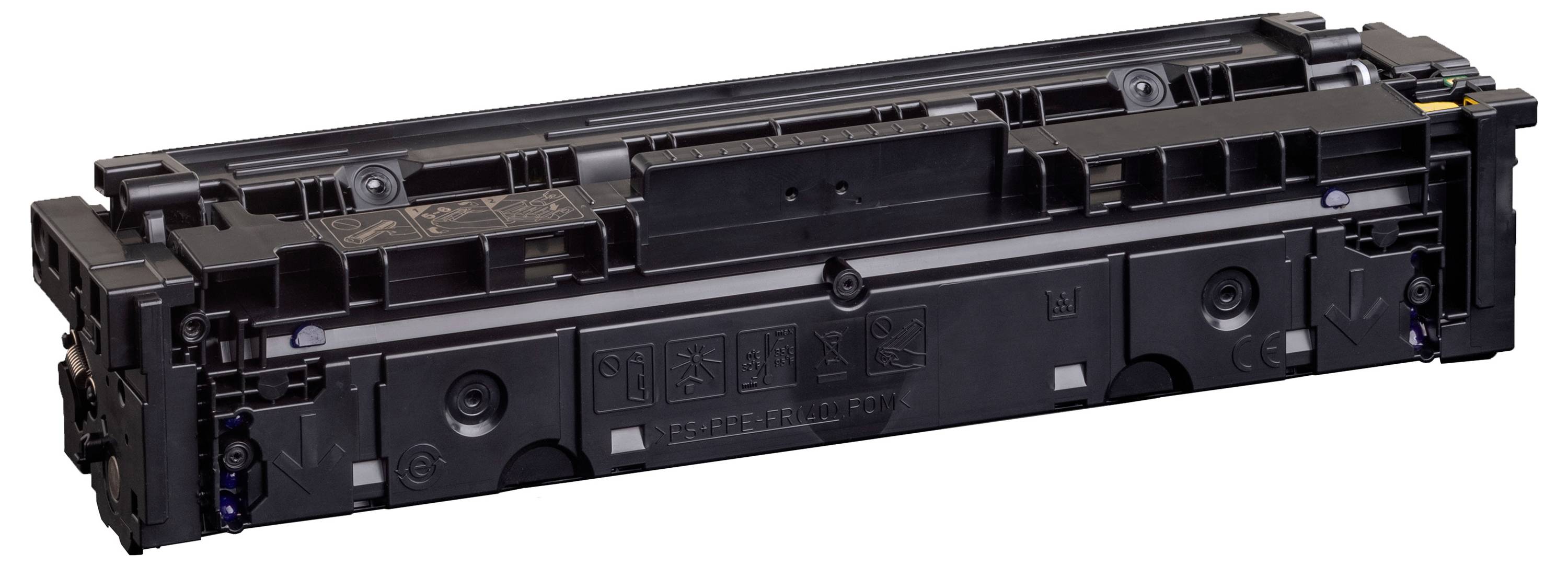 Schwarze Tonerkartusche für einen Laserdrucker, in Seitenansicht vor weißem Hintergrund dargestellt.