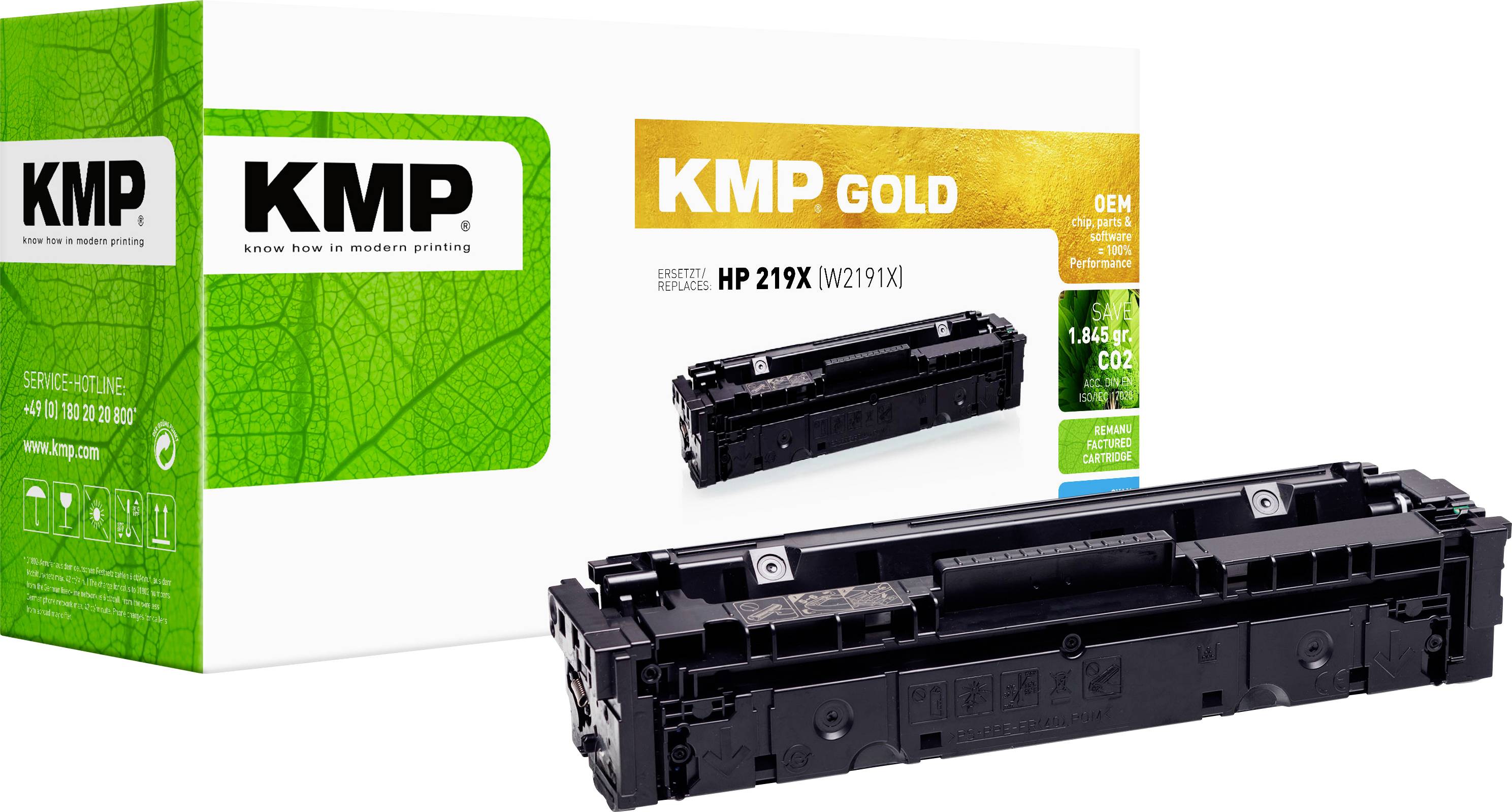 KMP Gold Tonerkartuschenverpackung mit schwarzer Druckertonerkartsche vorne, gekennzeichnet für HP 219X/Y219X.