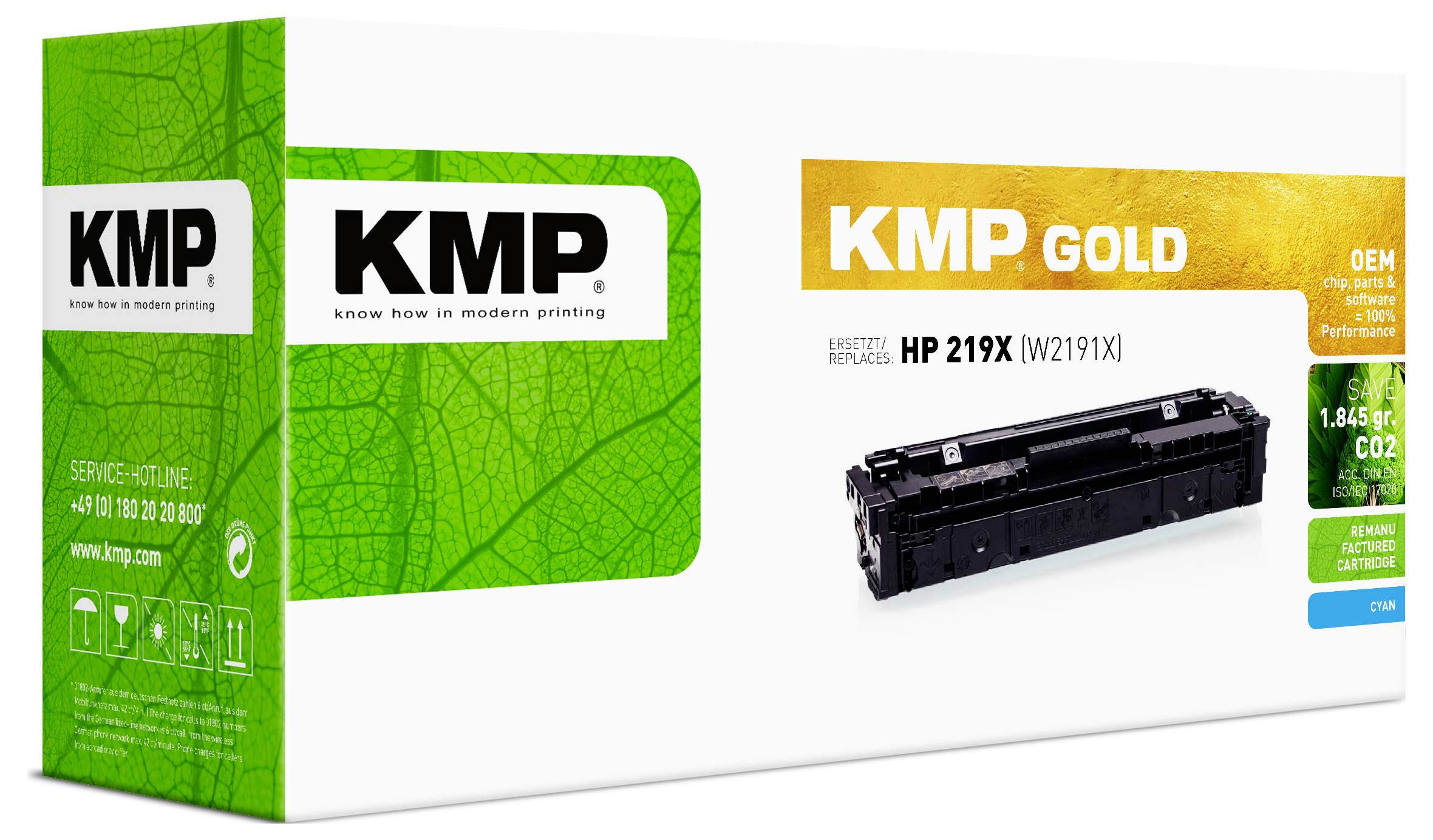 KMP Gold Druckertoner-Box für HP 219X (W2191X), abgebildet mit grüner KMP-Verpackung und einem Tonerpatronenbild.