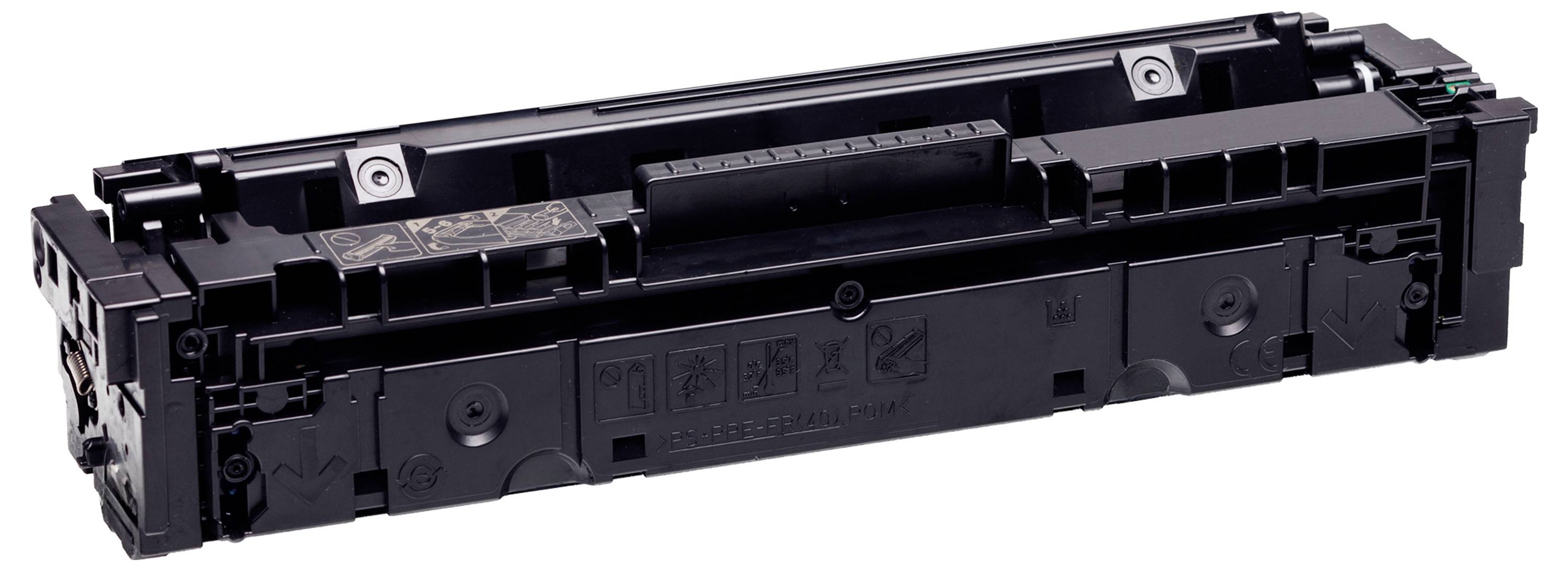 Schwarze Tonerkartusche für einen Laserdrucker, in einer Seitenansicht auf weißem Hintergrund gezeigt.