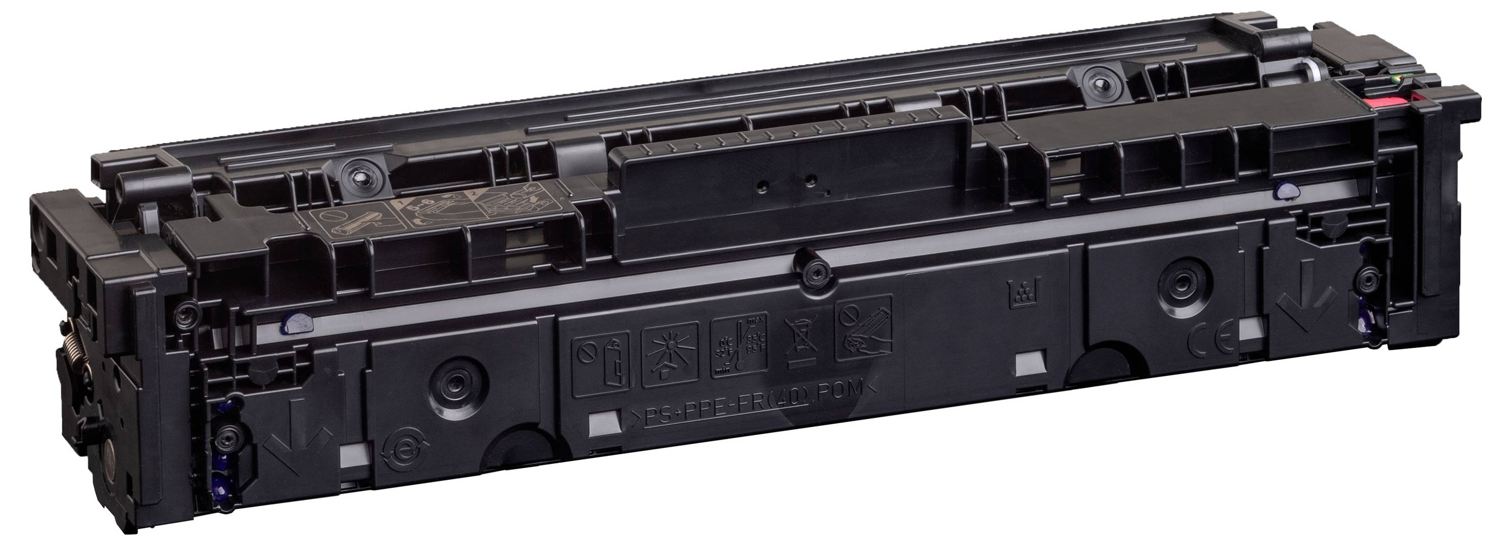 Schwarze Druckertonerkassette in Seitenansicht auf weißem Hintergrund.