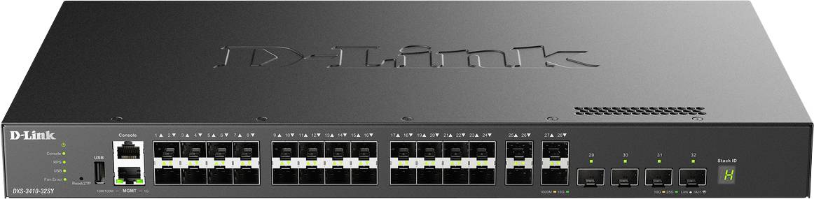 Vorderansicht eines D-Link Netzwerk-Switches mit 24 Ethernet-Anschlüssen und Statusleuchten auf einem schwarzen Rack-Mount-Gerät.