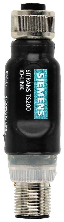 Ein Siemens SITRANS TO-LINK Sensoradapter mit schwarzem zylindrischem Gehäuse und metallischen Gewinde-Enden, vertikal auf weißem Hintergrund dargestellt.