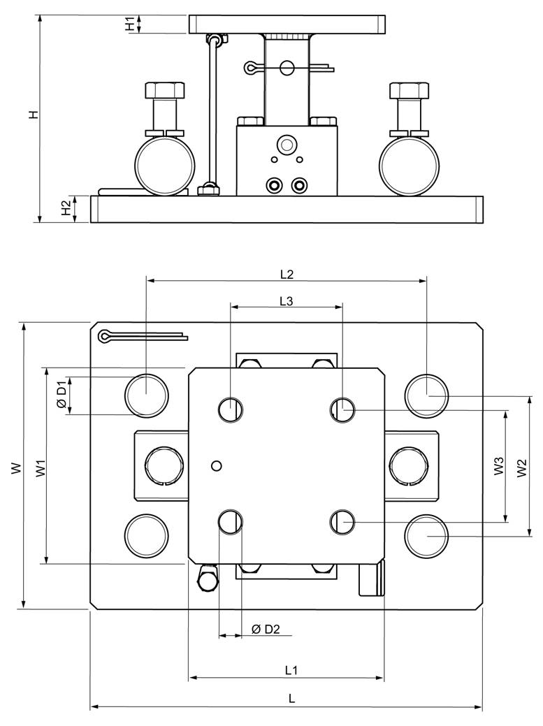 Technische Konstruktionszeichnung einer mechanischen Baugruppe mit Vorder- und Draufsicht, mit Maßlinien beschriftet mit H, W, L, L1, L2, L3, D1 und D2.