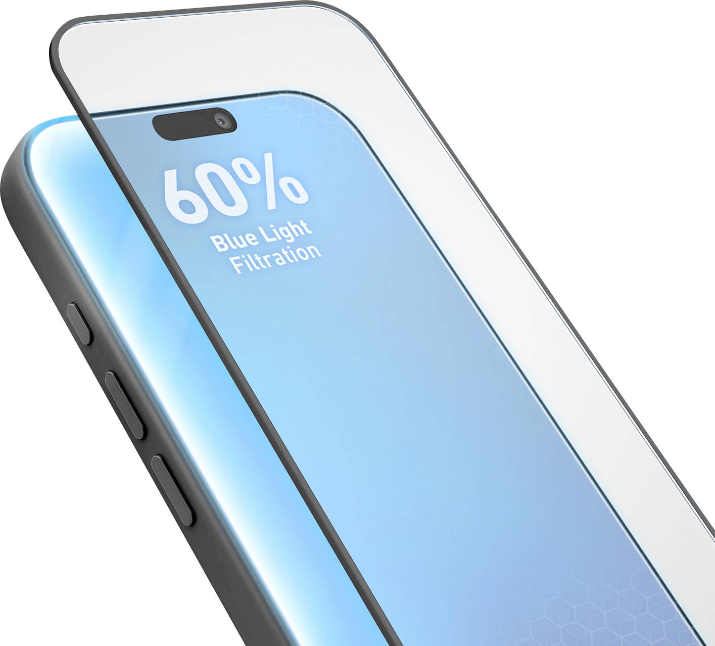 Zwei sich überlappende Smartphones mit einem Displayschutz, auf dem der Text „60% Blaulichfilterung