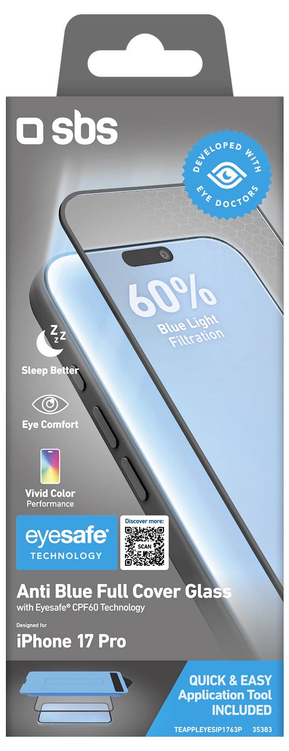 Verpackung für SBS eyesafe blaulichtsicheres Vollschutz-Glasschutzfolie für iPhone 17 Pro, mit Hervorhebung von 60% Blaulichtfiltration, besserer Schlaf und Augenkomfort.