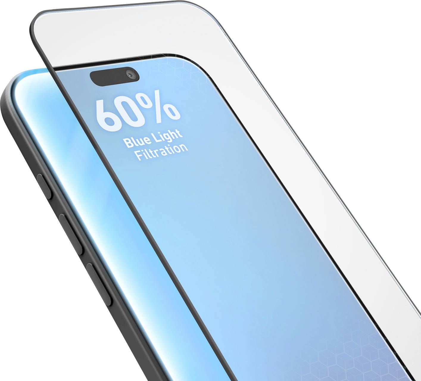 Displayschutzfolie für Smartphone, die über einem Telefon angebracht ist und mit „60% Blaulichfilterung