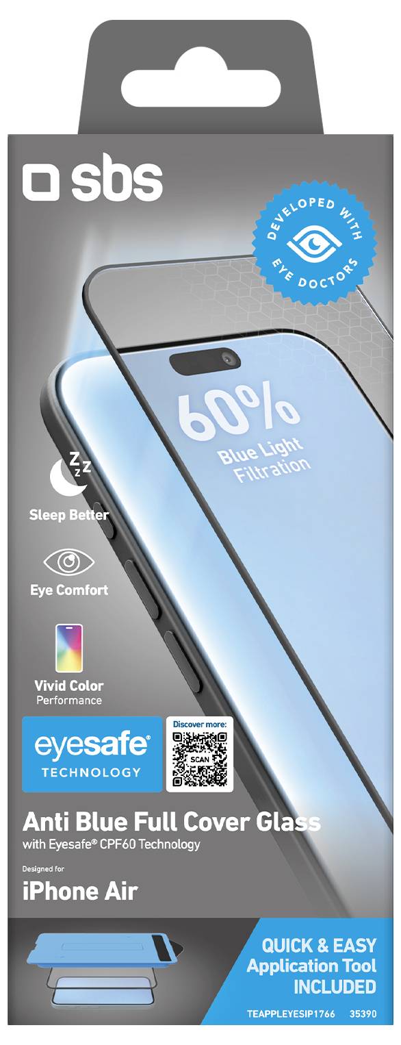 Verpackung für SBS Eyesafe Anti-Blaulicht-Schutzglas für iPhone Air, das einen Telefonbildschirm mit 60% Blaulichtfilterung, Symbole für besseren Schlaf und Augenkomfort sowie ein im Lieferumfang enthaltenes Quick-Application-Tool zeigt.