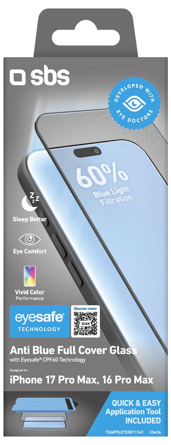 Produktverpackung für SBS Eyesafe Anti Blue Full Cover Glasschutzfolie für iPhone 17 Pro Max und 16 Pro Max, mit 60% Blaulichtfiltration und im Lieferumfang enthaltenem Applikationswerkzeug.