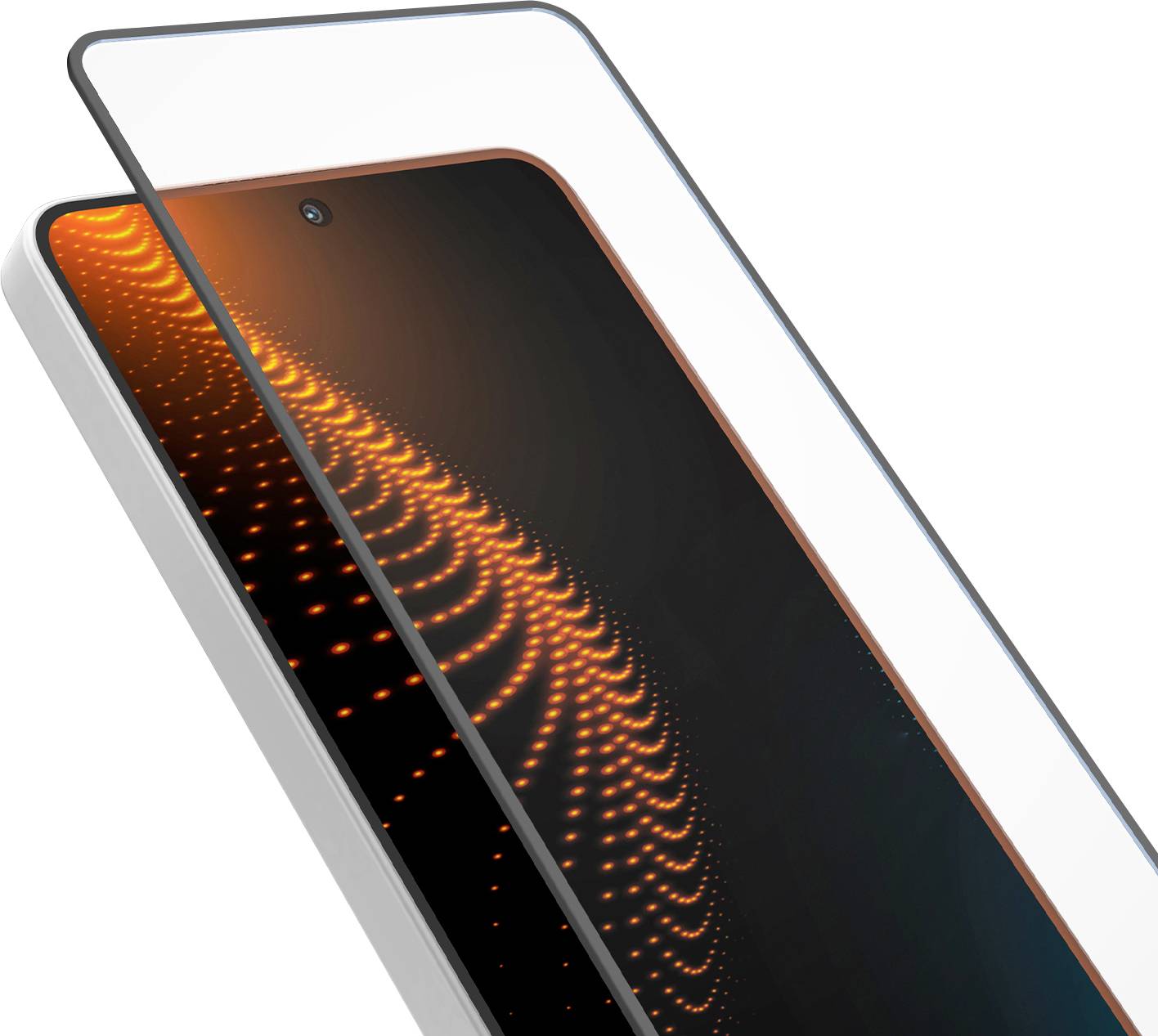 Nahaufnahme eines Smartphones mit einer Glasschutzfolie, die gerade angebracht wird, mit Sicht auf die obere Ecke und das Loch der Frontkamera.