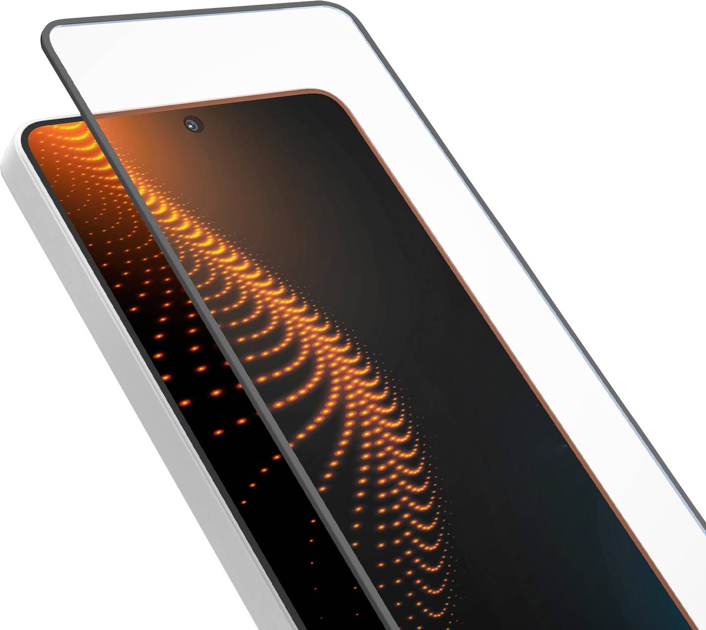 Stilisiertes Smartphone mit einer leuchtend orangefarbenen abstrakten Welle auf dem Bildschirm, schräg auf weißem Hintergrund dargestellt.