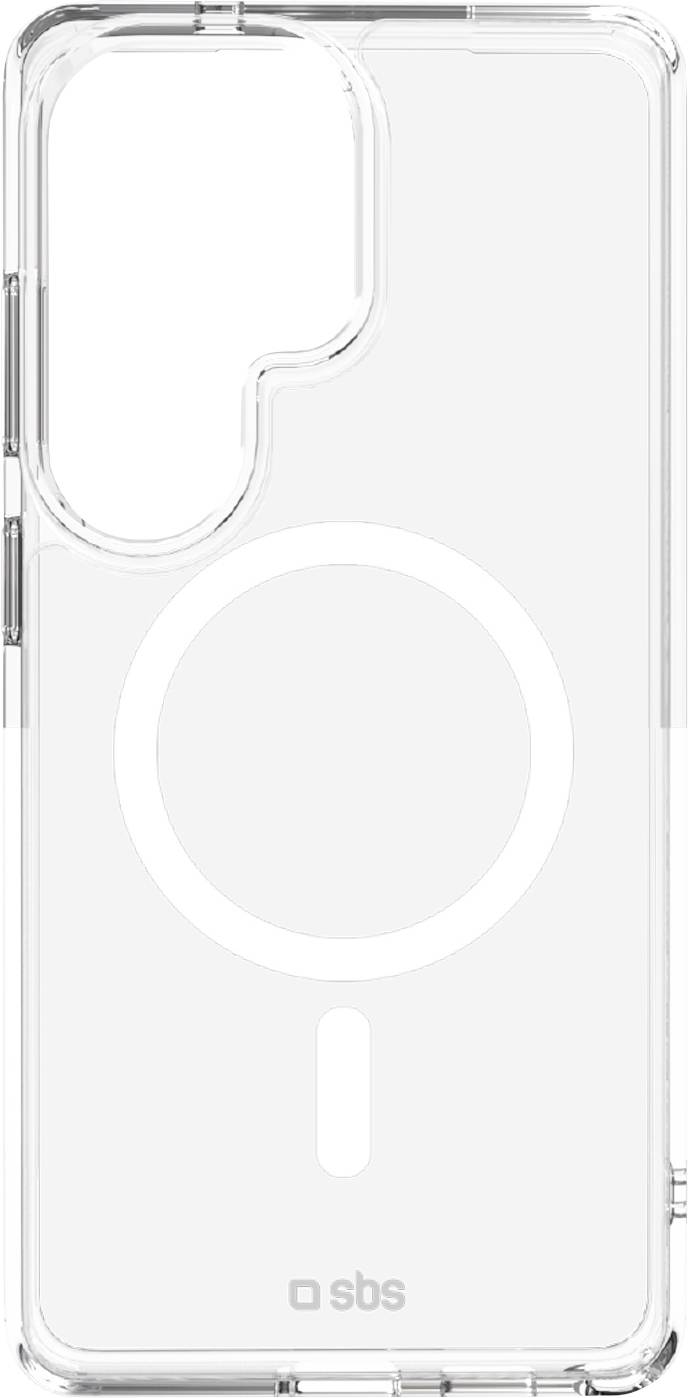 Transparente Handyhülle mit MagSafe-ähnlichem kreisförmigen Ladering und Ausrichtungsmarkierung am unteren Ende, von hinten gezeigt.