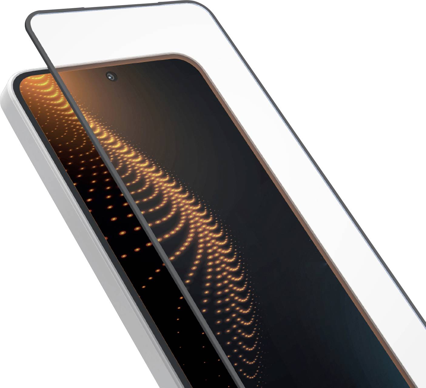 Gehärtete Glasschutzfolie, die über einem Smartphone-Bildschirm angebracht ist und ein gekrümmtes Kantendesign und eine orange abstrakte Hintergrundbild zeigt.