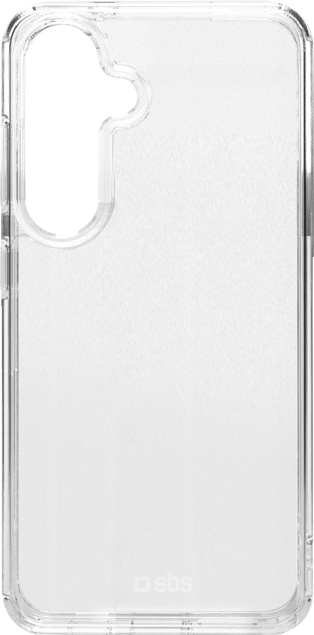 Durchsichtige klare Handyhülle mit erhöhtem Kameraausschnitt für ein Smartphone, Vorderansicht auf weißem Hintergrund.