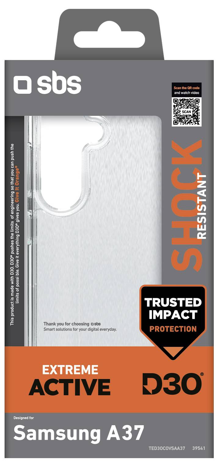 Verpackung für eine stoßfeste SBS SHOCK Handyhülle für Samsung A37, gekennzeichnet mit Trusted Impact Protection, Extreme Active und D30.
