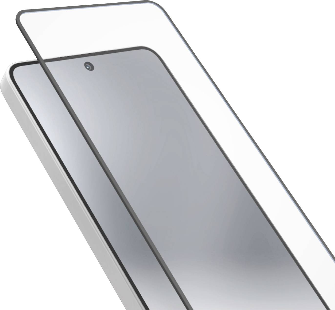 Nahaufnahme eines Smartphone-Bildschirms mit einem kleinen Loch für die Frontkamera, unter einem Winkel auf weißem Hintergrund dargestellt.