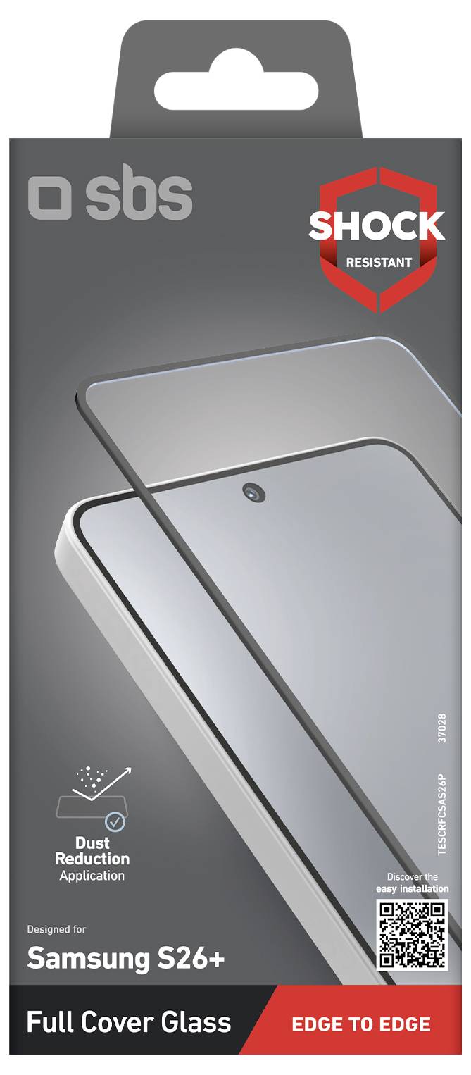 SBS Stoßfest vollflächiger Hartglasschutzfilm für Samsung S26+, Kante zu Kante, mit Staubschutzanwendung und QR-Code.